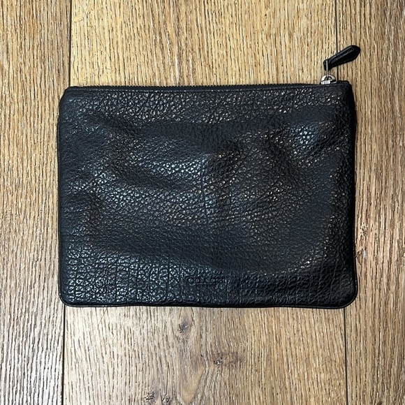 Coach Black Pebbled Leather Medium Pouch with Varsity Strip - Picture 2 of 10